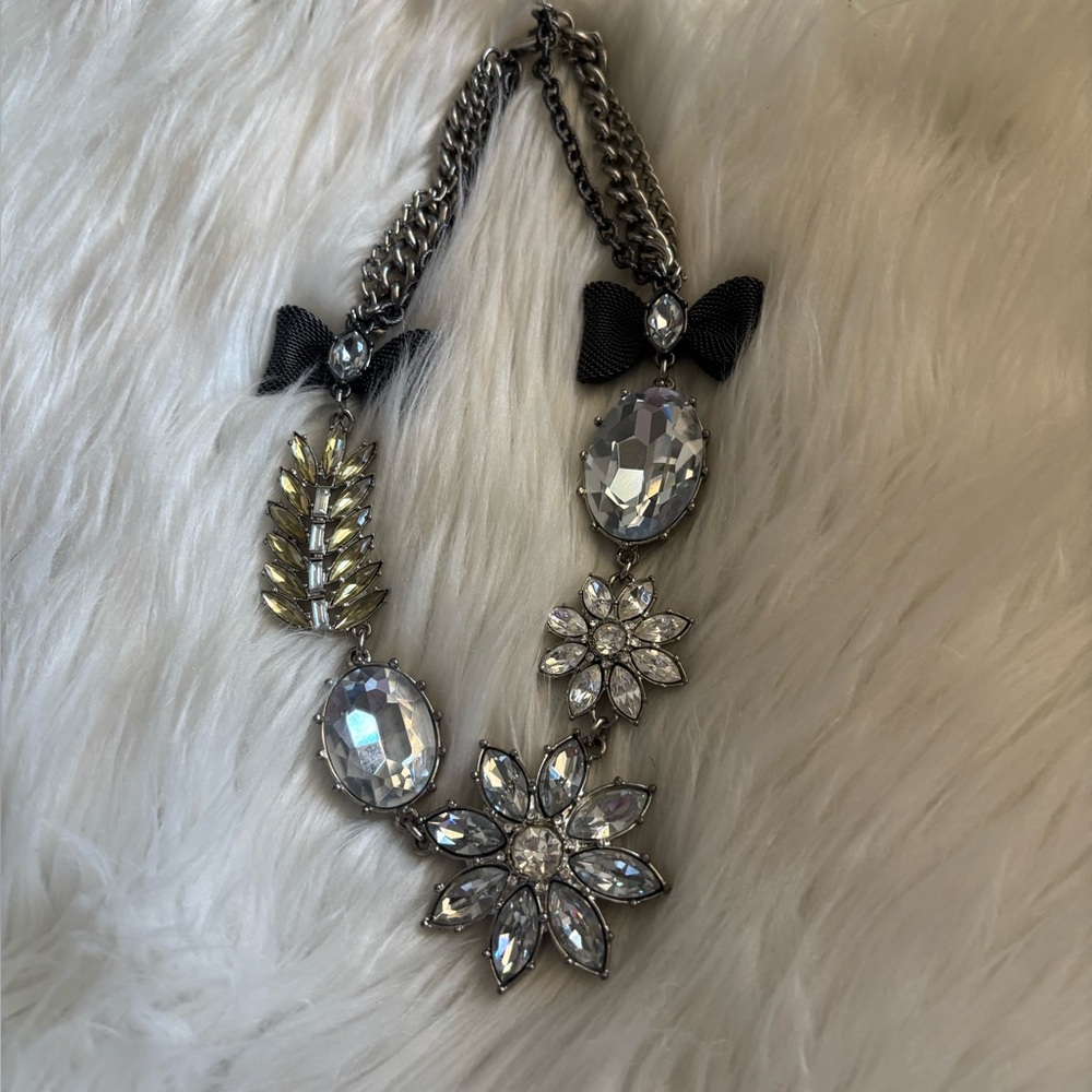 Betsey Johnson Silver Crystal Floral Bib Necklace with Black Bows